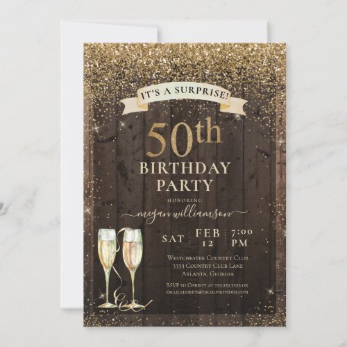 Rustic Wood Surprise 50th Gold Glitter Birthday Invitation