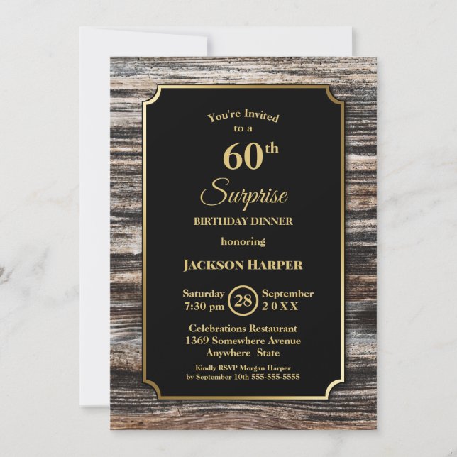 Rustic Wood Surprise 60th Birthday Dinner Invitation (Front)