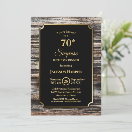 Rustic Wood Surprise 70th Birthday Dinner Invitation | Zazzle