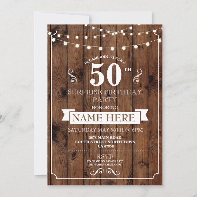 Rustic Wood Surprise Birthday Party 50th Invite (Front)