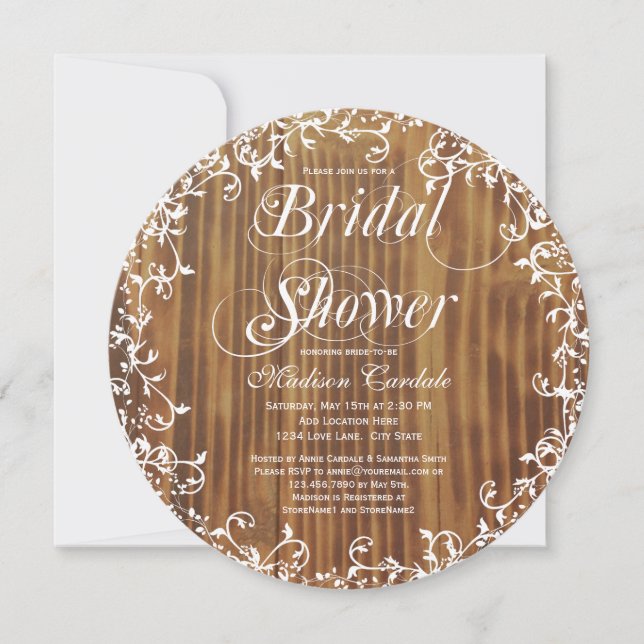 Rustic Wood Swirls Round Bridal Shower Invitations (Front)