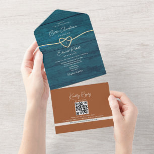 Rustic Wood Teal and Terracotta Wedding All In One Invitation