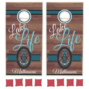 Rustic Wood Teal Blue Lake Life monogrammed Cornho Cornhole Set