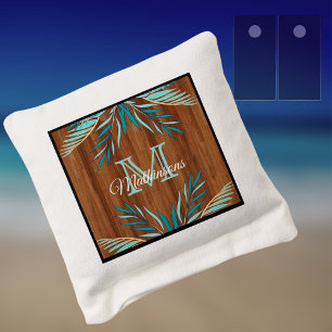Rustic Wood Teal Blue Palm Modern Lake Life Cornhole Bags