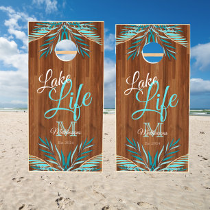 Rustic Wood Teal Blue Palm Modern Lake Life Cornhole Set