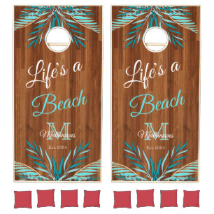 Rustic Wood Teal Blue Palm Modern Life's a Beach C Cornhole Set