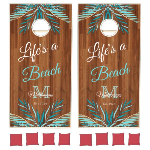 Rustic Wood Teal Blue Palm Modern Lifes a Beach C Cornhole Set