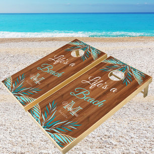 Rustic Wood Teal Blue Palm Modern Life's a Beach Cornhole Set