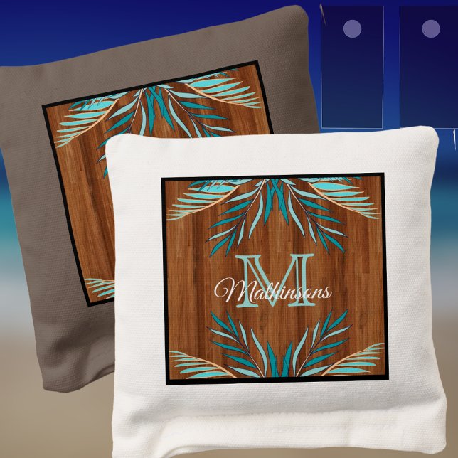 Rustic Wood Teal Blue Palm Modern  Monogram Name Cornhole Bags (Creator Uploaded)