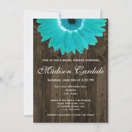 Rustic Wood Teal Daisy Bridal Shower Invitation