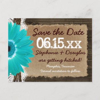 Rustic Wood Teal Daisy Save The Date Postcards by RusticCountryWedding at Zazzle