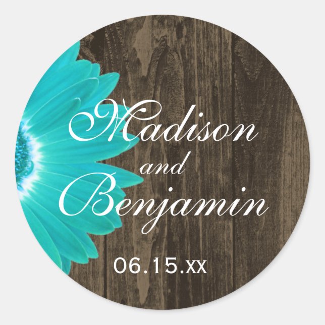 Rustic Wood Teal Daisy Wedding Favor Stickers (Front)