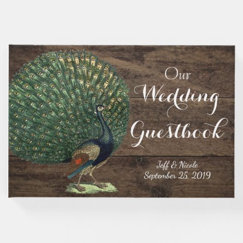 Rustic Wood Teal Feather Peacock Wedding Guest Book