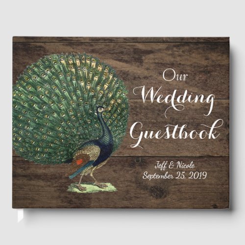 Rustic Wood Teal Feather Peacock Wedding Guest Book