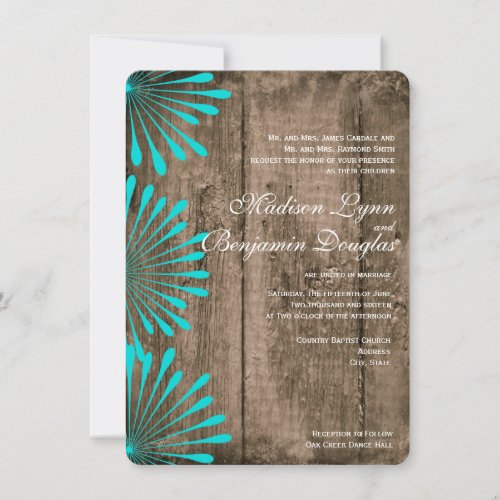 Rustic Wood Teal Flowers Wedding Invitations