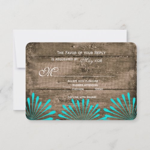 Rustic Wood Teal Flowers Wedding RSVP Cards