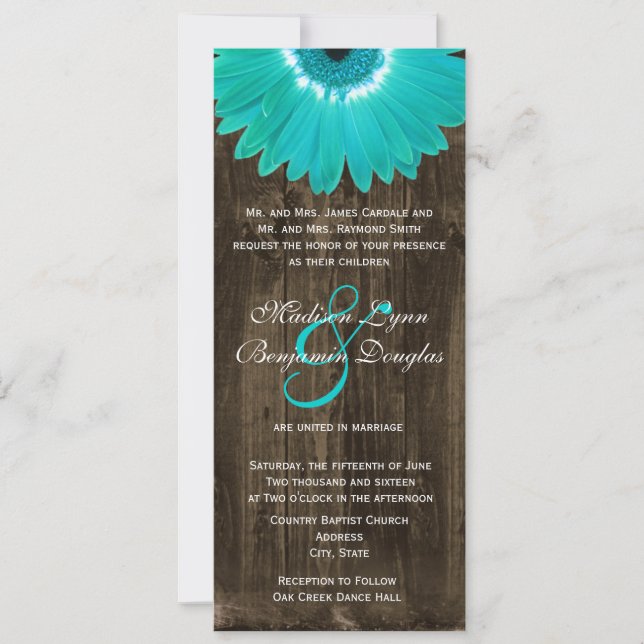 Rustic Wood Teal Gerber Daisy Wedding Invitations (Front)