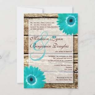 Rustic Wood Teal Gerber Daisy Wedding Invitations