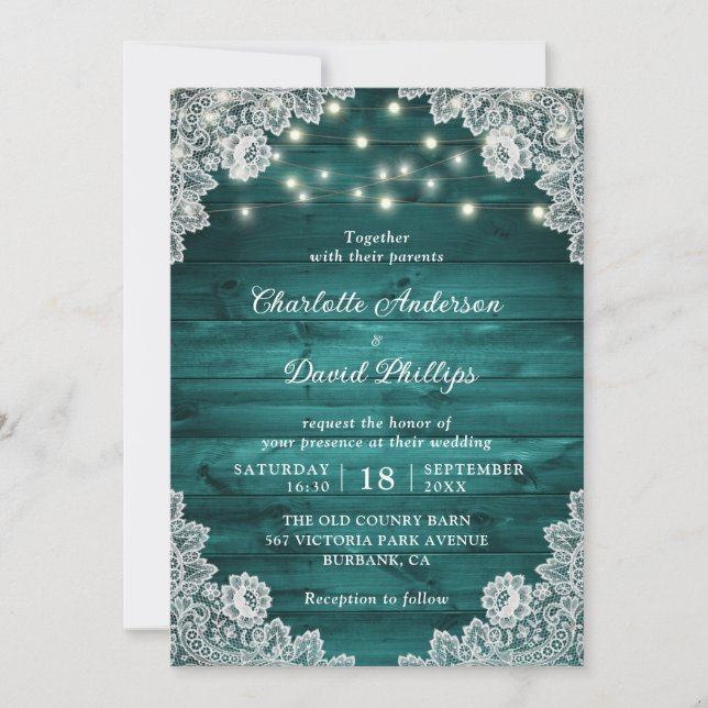 Rustic Wood Teal Lace String Lights Wedding Invitation (Front)