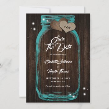 Rustic Wood Teal Mason Jar Wedding Save The Date by DanielCapPhotography at Zazzle