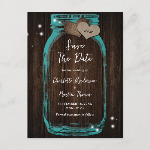 Rustic Wood Teal Mason Jar Wedding Save The Date Announcement Postcard