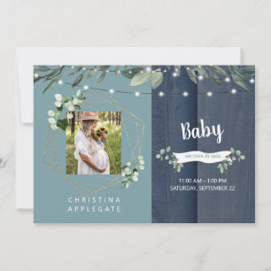 Rustic Wood Teal & Navy Photo Baby Shower by Mail  Invitation