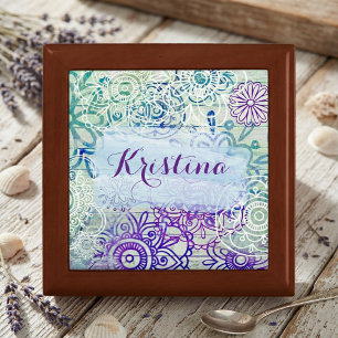 Rustic Wood Teal Purple Boho Floral Mandala Name Gift Box