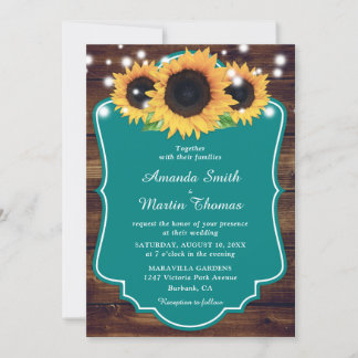 Rustic Wood Teal Sunflower Wedding Invitation