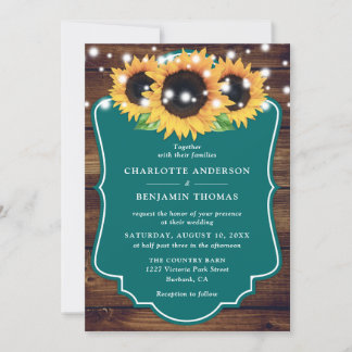 Rustic Wood Teal Sunflower Wedding Invitation