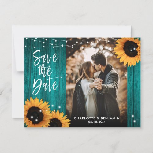 Rustic Wood Teal Sunflower Wedding Photo Save The Date