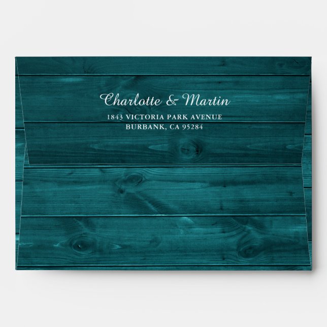 Rustic Wood Teal Wedding Envelope (Back (Top Flap))