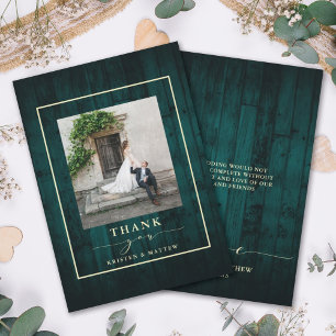 Rustic Wood Teal Wedding Photo Thank You Card