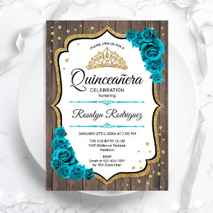 Rustic Wood Teal White Gold Quinceanera Invitation