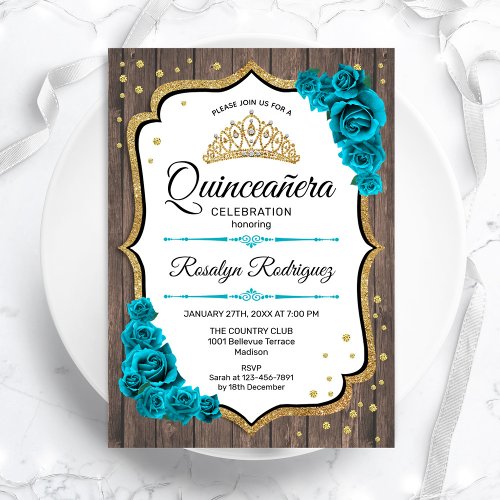 Rustic Wood Teal White Gold Quinceanera Invitation