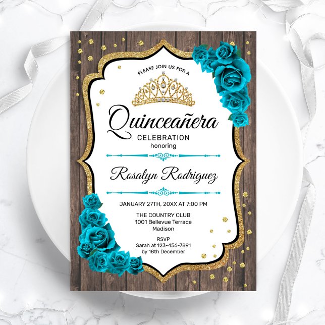 Rustic Wood Teal White Gold Quinceanera Invitation (Creator Uploaded)