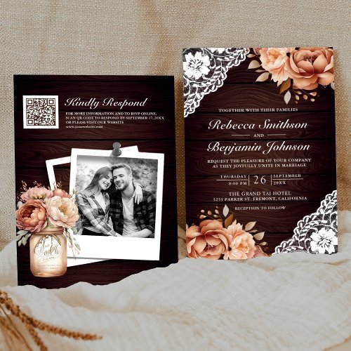 Rustic Wood Terracotta Floral Lace QR Code Wedding Invitation
