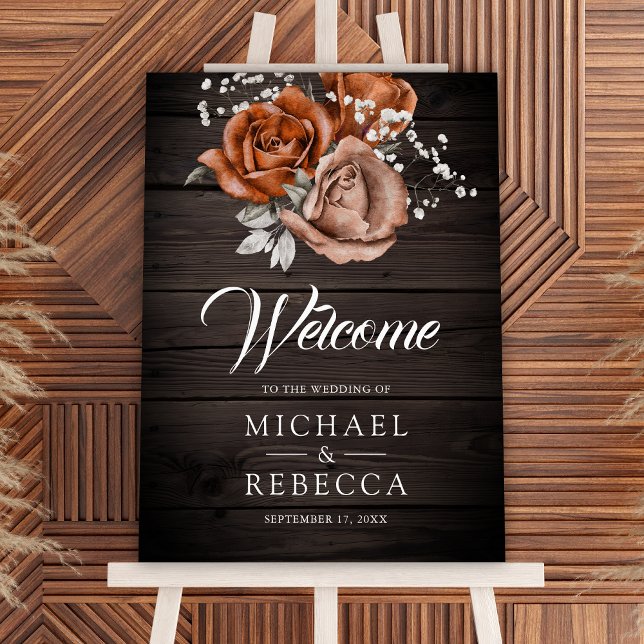 Rustic Wood Terracotta Floral Wedding Welcome Sign (Creator Uploaded)