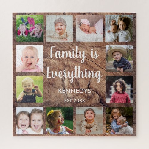 Rustic Wood Texture 12 Photo Collage Family Jigsaw Puzzle