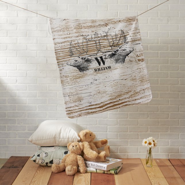 Rustic Wood Texture Deer Forest Monogram Baby Blanket (In Situ)