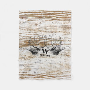 Rustic Wood Texture Deer Forest Monogram Fleece Blanket