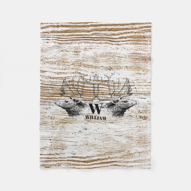Rustic Wood Texture Deer Forest Monogram Fleece Blanket (Front)