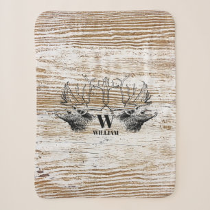 Rustic Wood Texture Deer Forest Monogram Sherpa Blanket