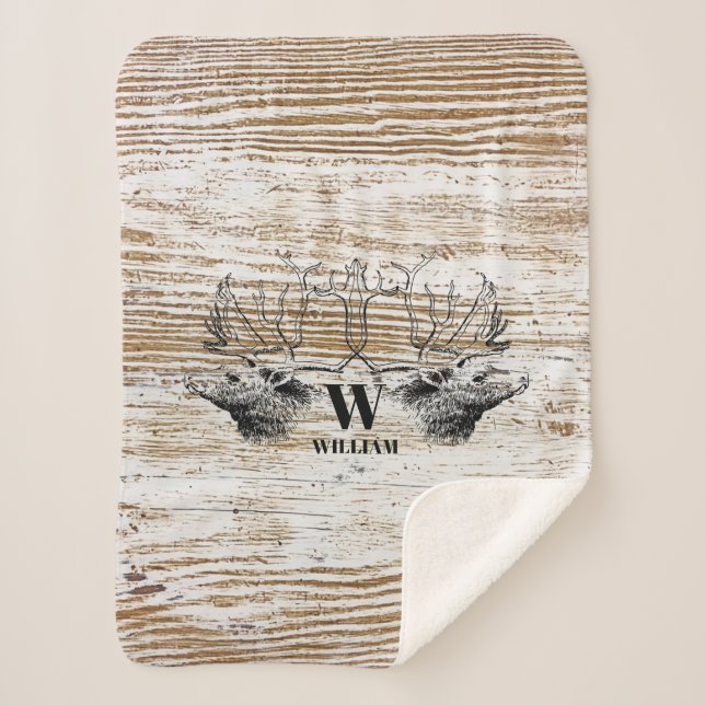 Rustic Wood Texture Deer Forest Monogram Sherpa Blanket (Front)