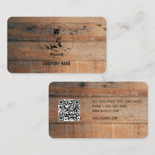 Rustic Wood Texture & Deer Monogram QR Code Business Card