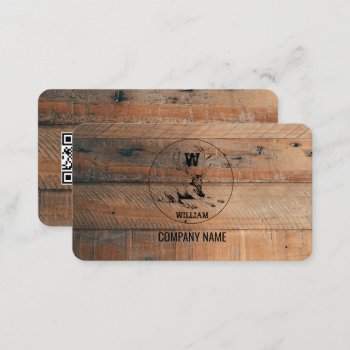 Rustic Wood Texture & Deer Monogram Qr Code  Business Card by idovedesign at Zazzle