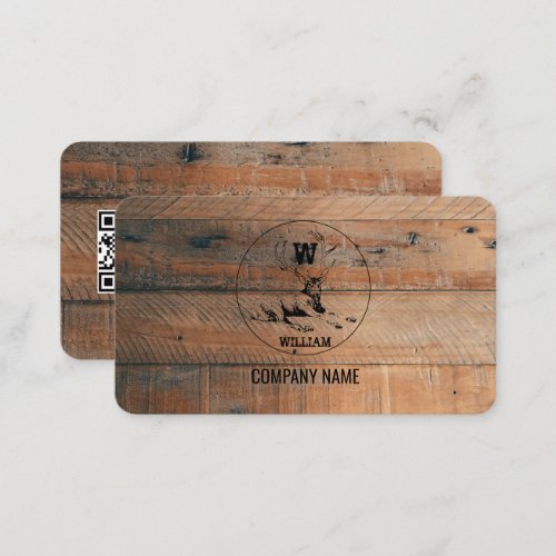 Rustic Wood Texture  Deer Monogram QR Code  Business Card