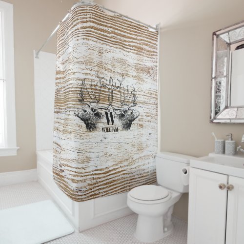 Rustic Wood Texture Deer Monogram Shower Curtain