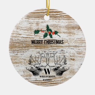 Rustic Wood Texture Deer Woodland Christmas Ceramic Ornament