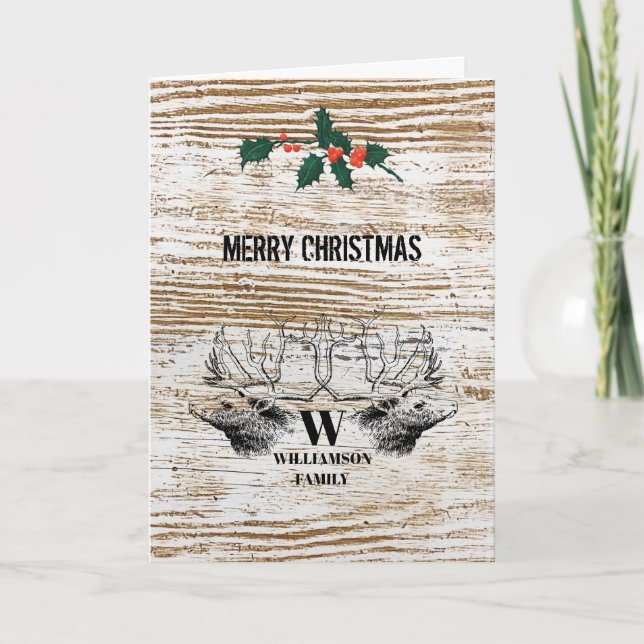 Rustic Wood Texture Deer Woodland Christmas Holiday Card (Front)