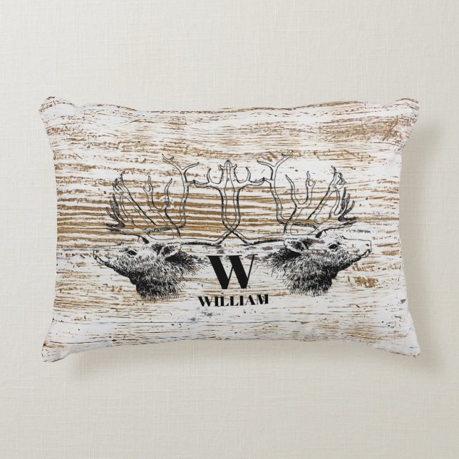 Rustic Wood Texture Deer Woodland Monogram Accent Pillow (Front)